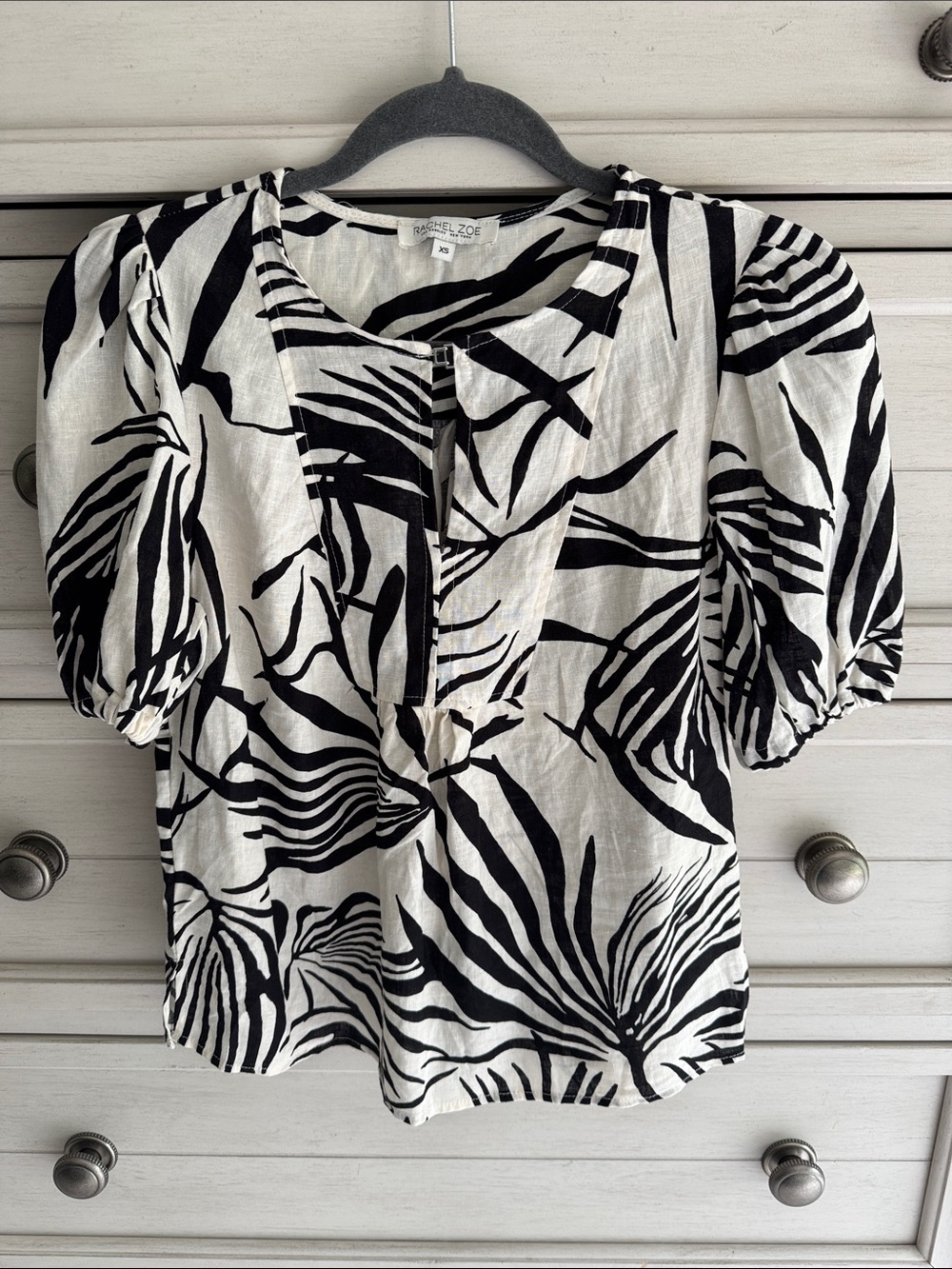Rachel Zoe Black & Off-White Botanical Puff-Sleeve Blouse SZ XS